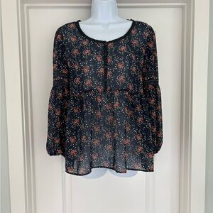 Max Studio Babydoll Boho Floral Semi-Sheer Top S
